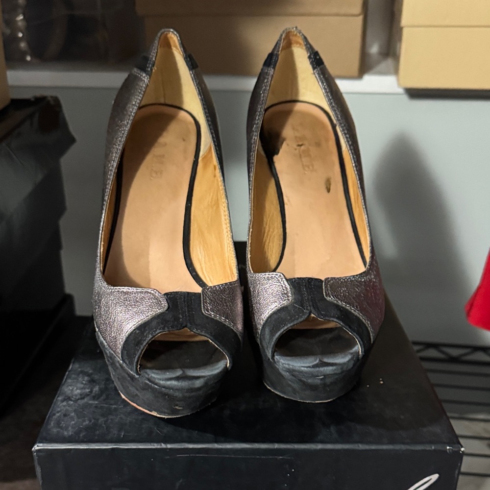Brian Atwood Black and Silver Peep-Toe Heels
